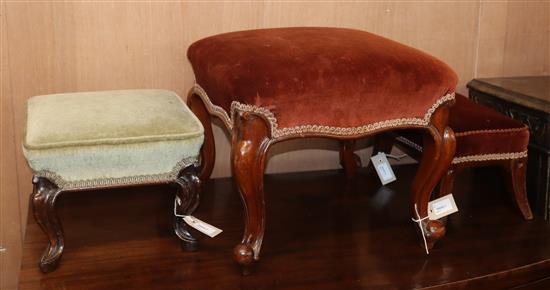 A Victorian mahogany stool on cabriole legs, a similar smaller stool and another stool (3) largest 44cm